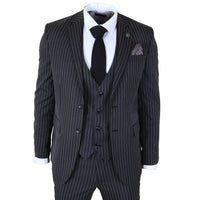 IM45 - Traje de tres piezas negro a rayas para hombre, estilo mafia