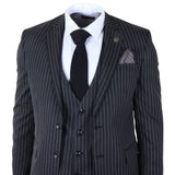 IM45 - Traje de tres piezas negro a rayas para hombre, estilo mafia