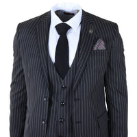 IM45 - Traje de tres piezas negro a rayas para hombre, estilo mafia
