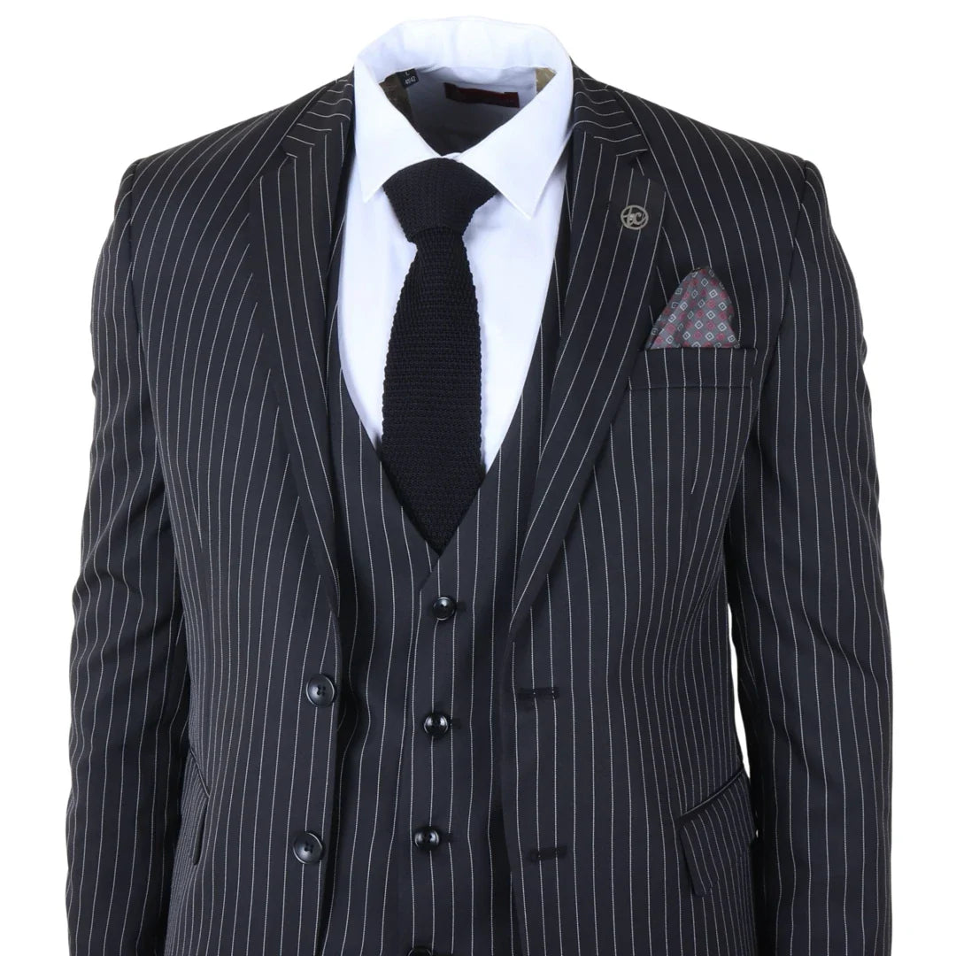 IM45 - Traje de tres piezas negro a rayas para hombre, estilo mafia