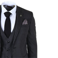 IM45 - Traje de tres piezas negro a rayas para hombre, estilo mafia