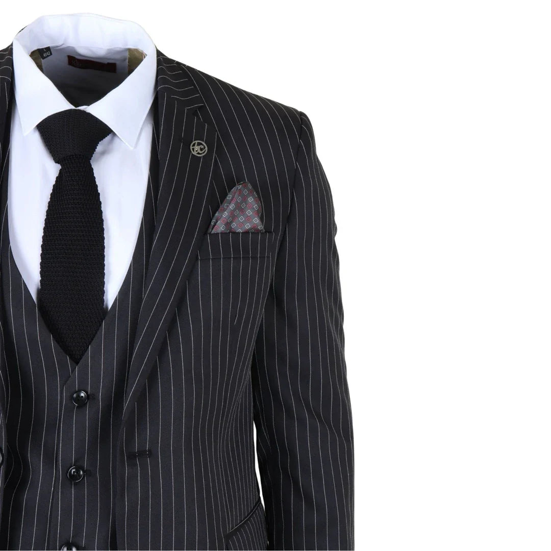 IM45 - Traje de tres piezas negro a rayas para hombre, estilo mafia