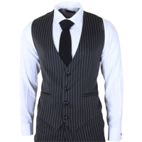 IM45 - Traje de tres piezas negro a rayas para hombre, estilo mafia