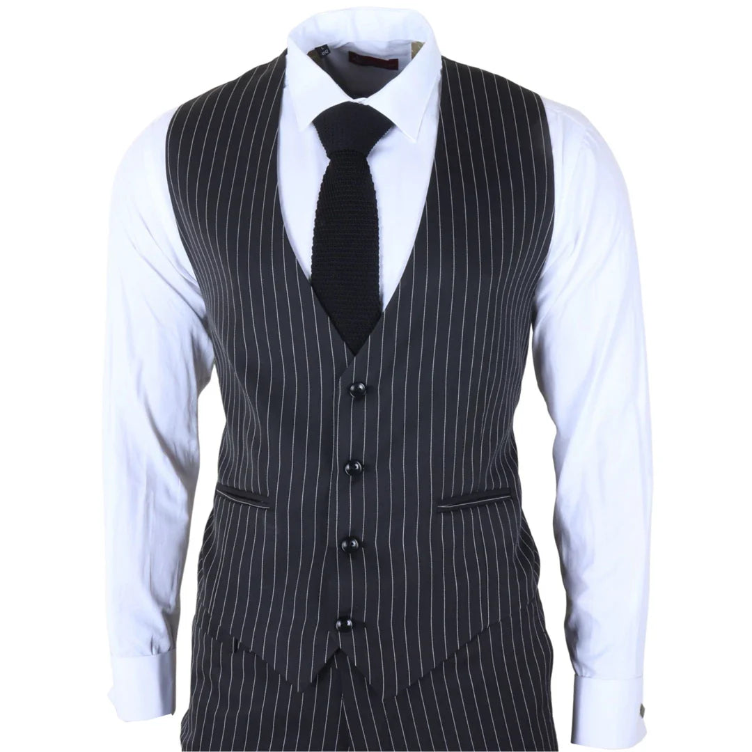 IM45 - Traje de tres piezas negro a rayas para hombre, estilo mafia