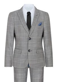 Traje de 3 piezas para niño Marc Darcy, gris, Príncipe de Gales, cuadros azules, estilo vintage retro.