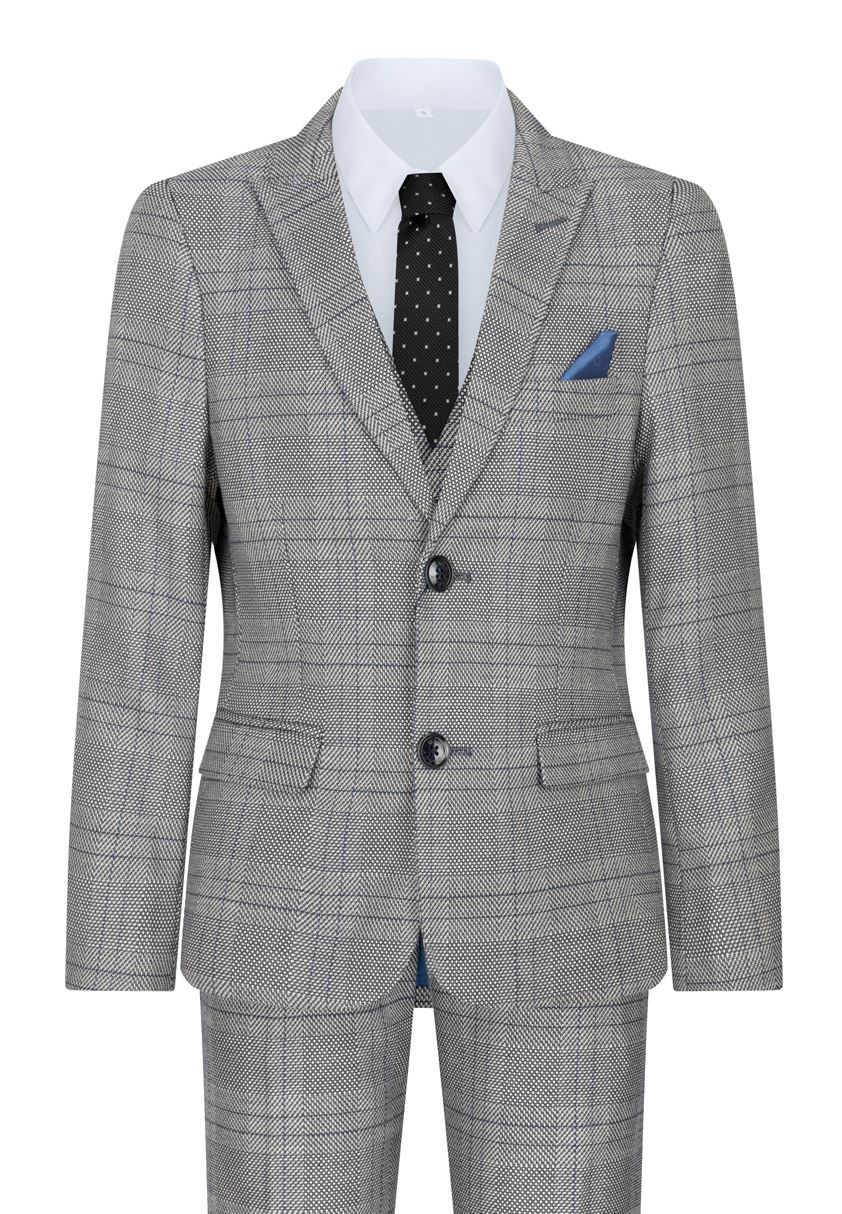 Traje de 3 piezas para niño Marc Darcy, gris, Príncipe de Gales, cuadros azules, estilo vintage retro.