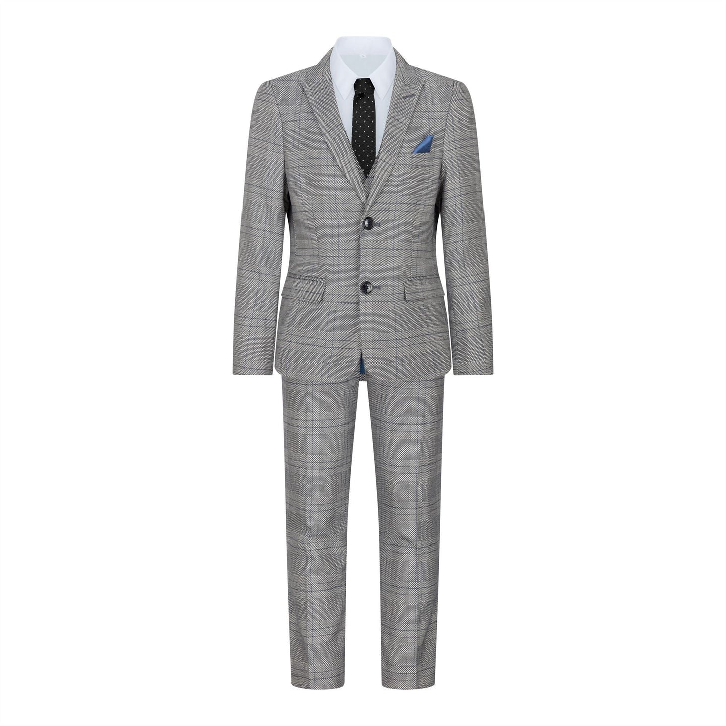 Traje de 3 piezas para niño Marc Darcy, gris, Príncipe de Gales, cuadros azules, estilo vintage retro.