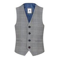 Traje de 3 piezas para niño Marc Darcy, gris, Príncipe de Gales, cuadros azules, estilo vintage retro.