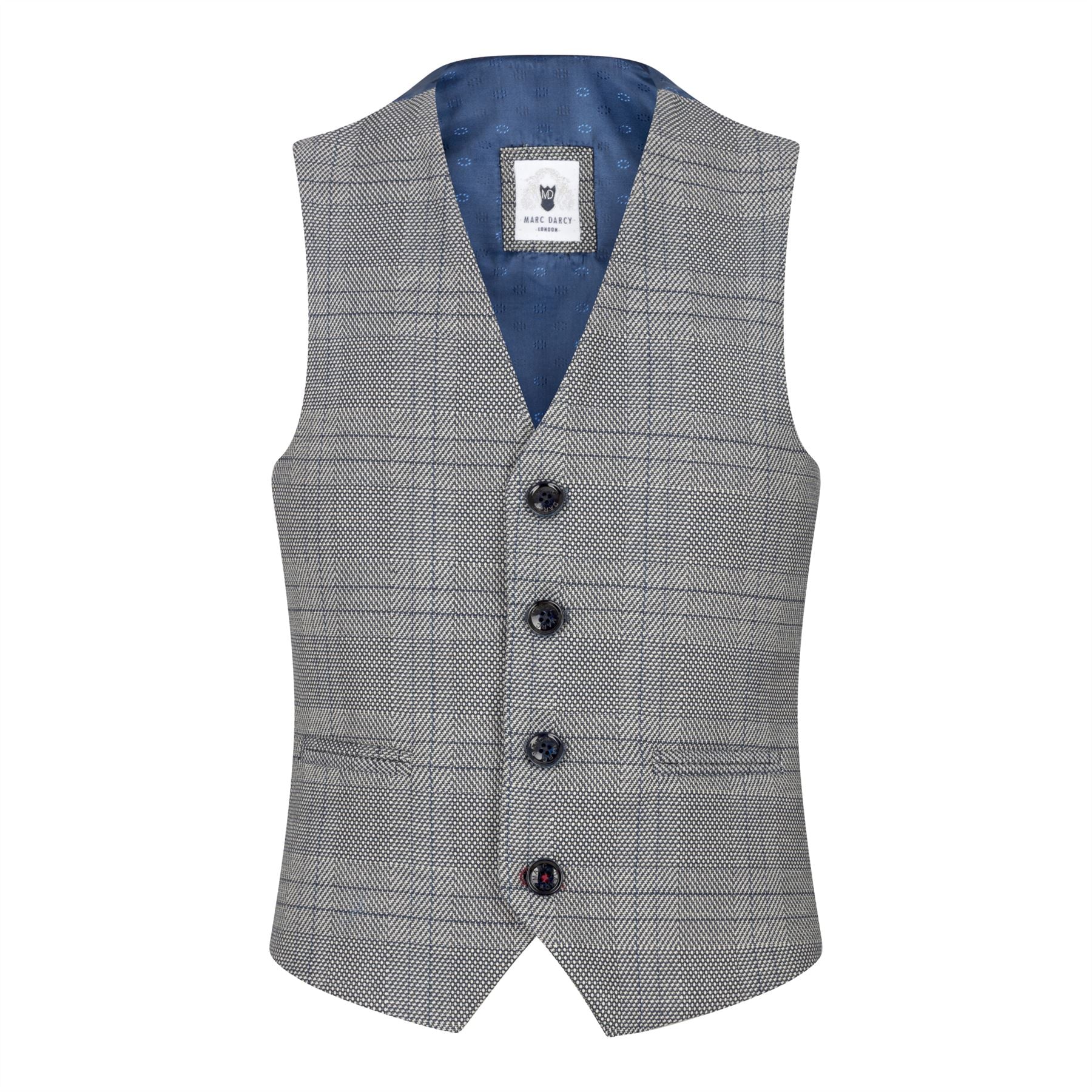 Traje de 3 piezas para niño Marc Darcy, gris, Príncipe de Gales, cuadros azules, estilo vintage retro.