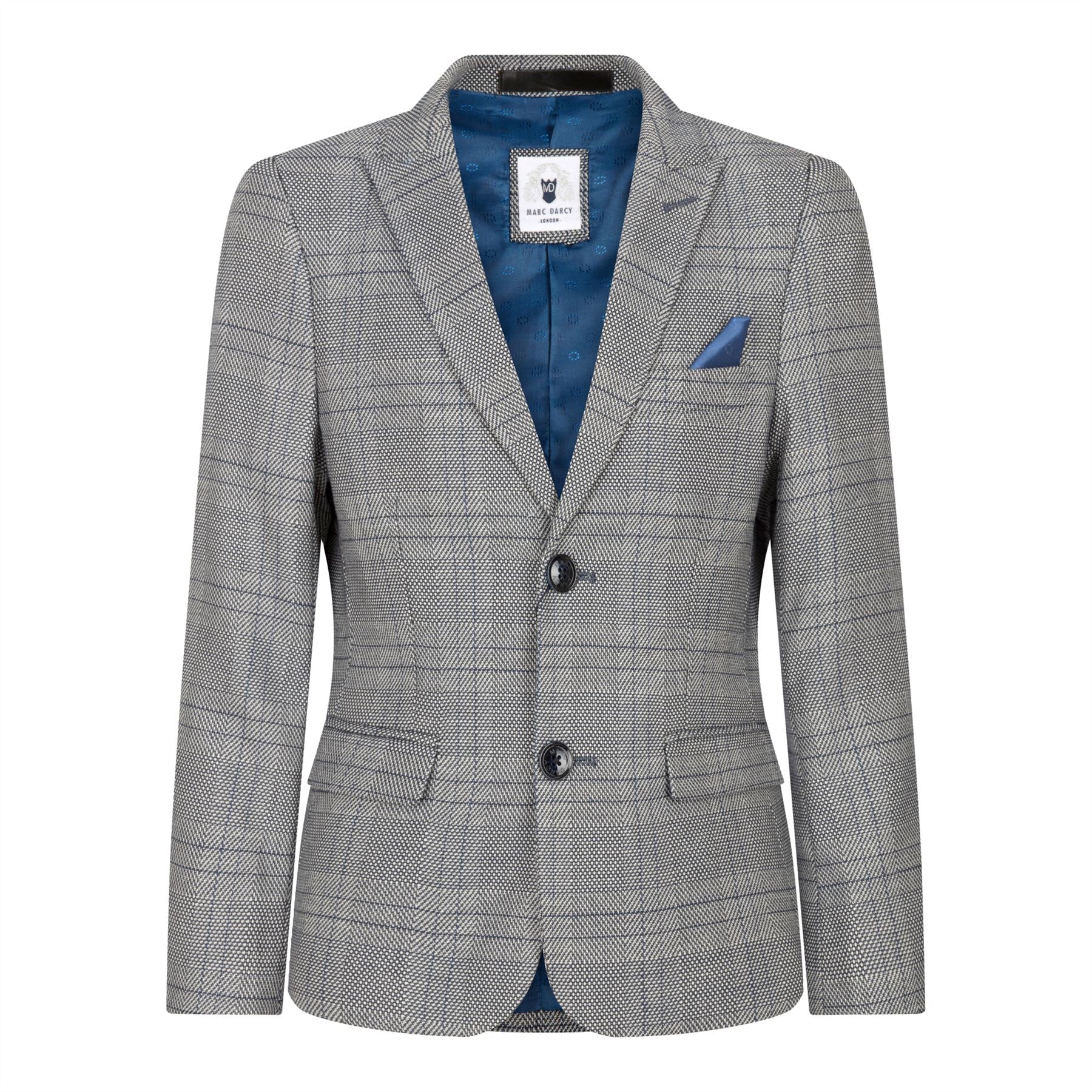 Traje de 3 piezas para niño Marc Darcy, gris, Príncipe de Gales, cuadros azules, estilo vintage retro.