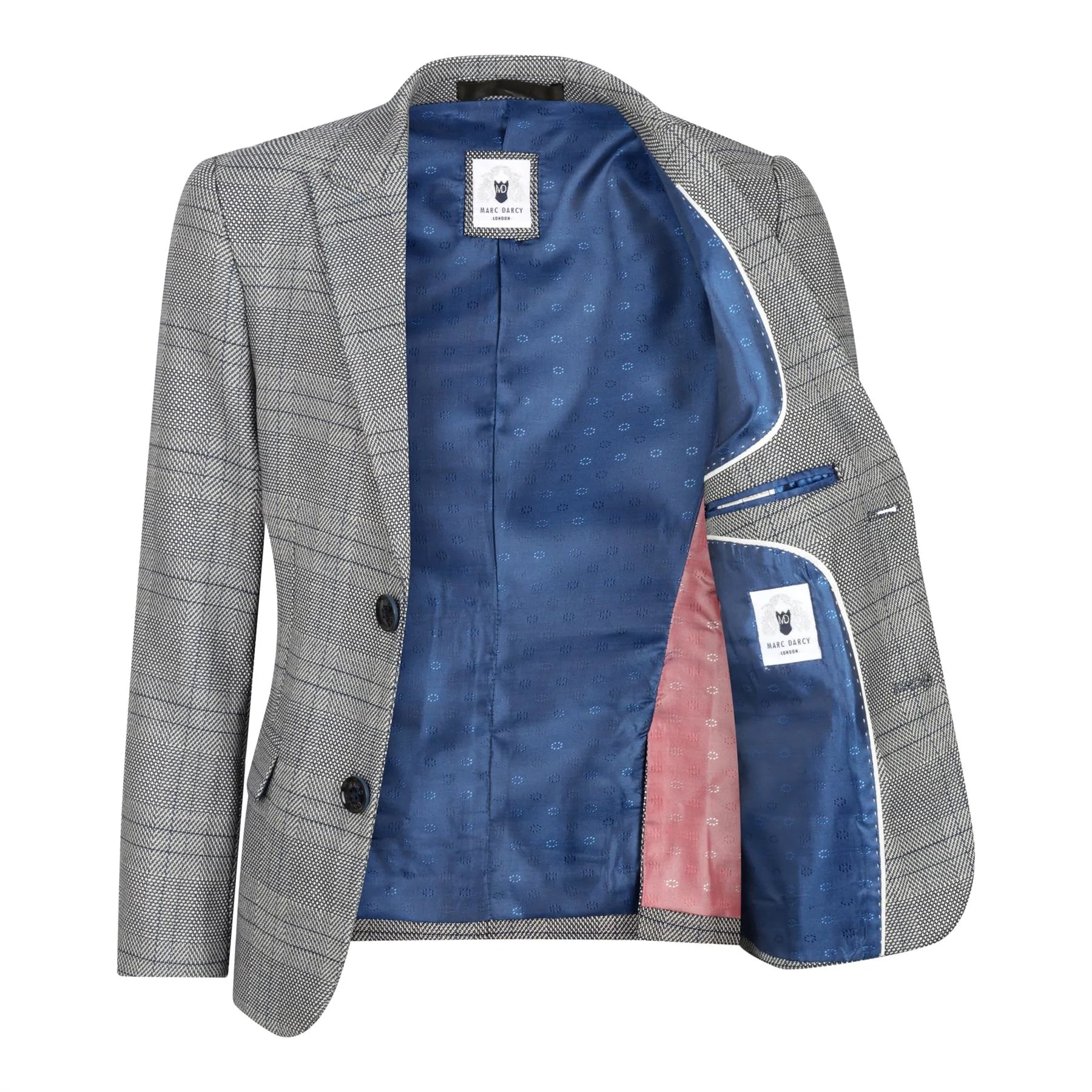 Traje de 3 piezas para niño Marc Darcy, gris, Príncipe de Gales, cuadros azules, estilo vintage retro.