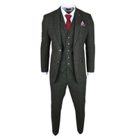 Traje de tres piezas de tweed verde de corte ajustado para hombre Joshua