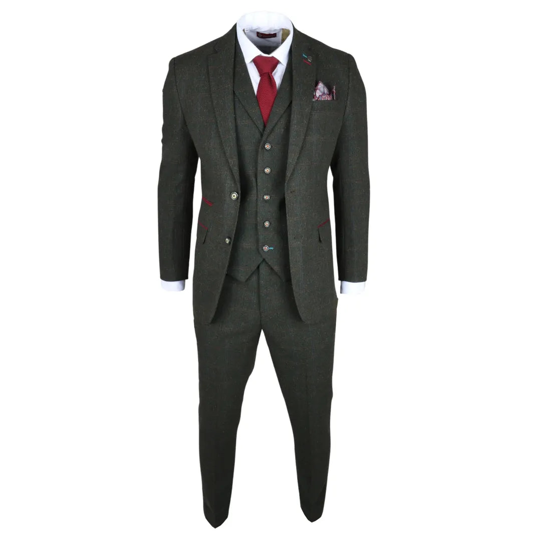 Traje de tres piezas de tweed verde de corte ajustado para hombre Joshua