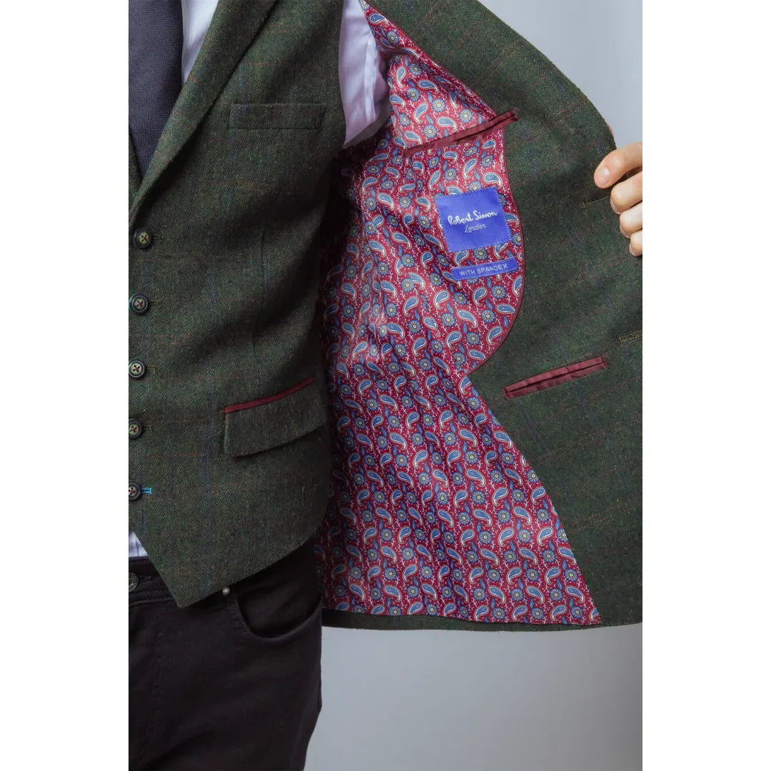 Traje de tres piezas de tweed verde de corte ajustado para hombre Joshua