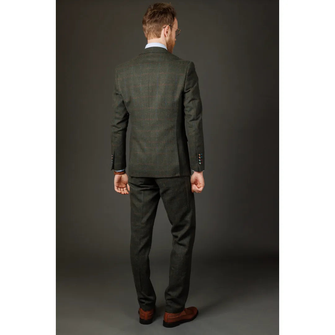 Traje de tres piezas de tweed verde de corte ajustado para hombre Joshua
