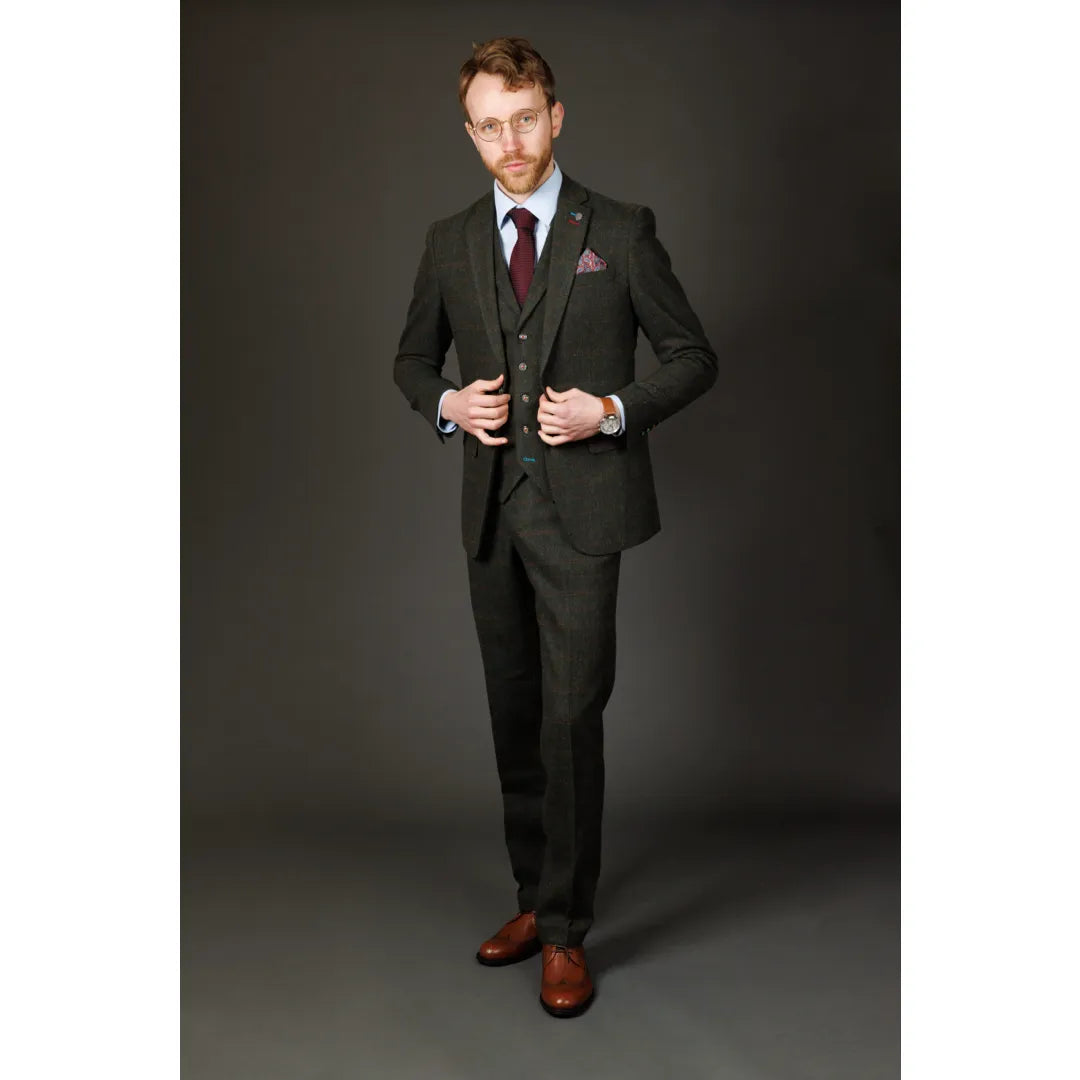 Traje de tres piezas de tweed verde de corte ajustado para hombre Joshua