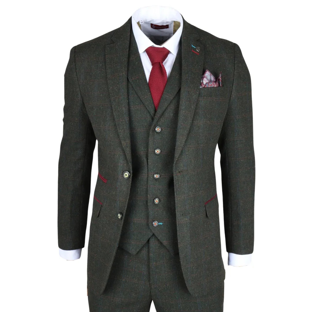Traje de tres piezas de tweed verde de corte ajustado para hombre Joshua