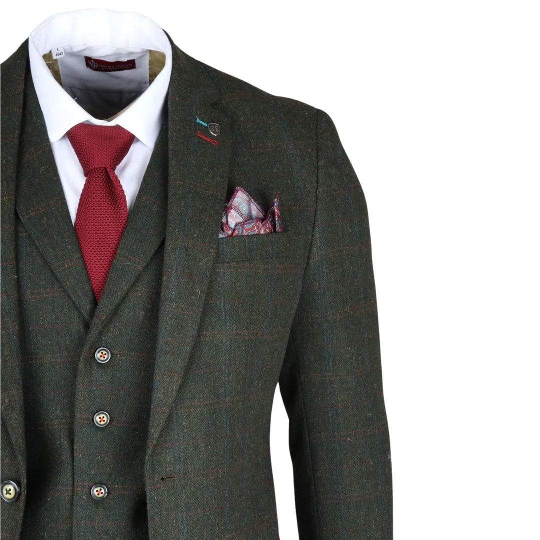 Traje de tres piezas de tweed verde de corte ajustado para hombre Joshua