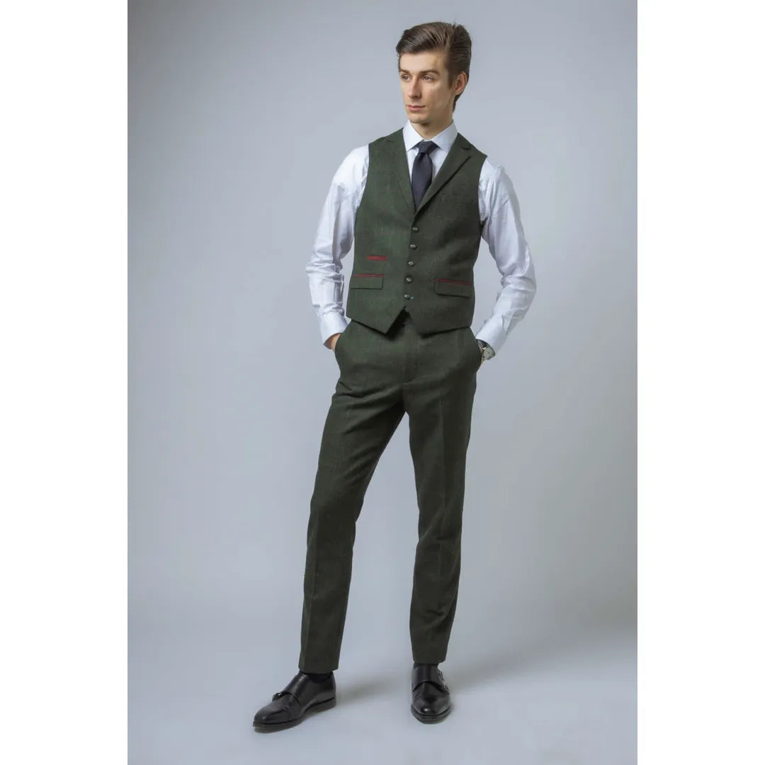 Traje de tres piezas de tweed verde de corte ajustado para hombre Joshua