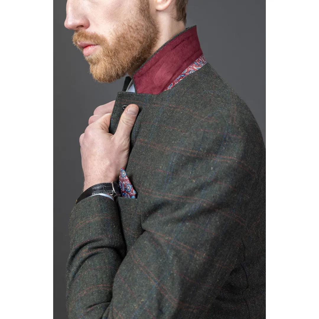 Traje de tres piezas de tweed verde de corte ajustado para hombre Joshua