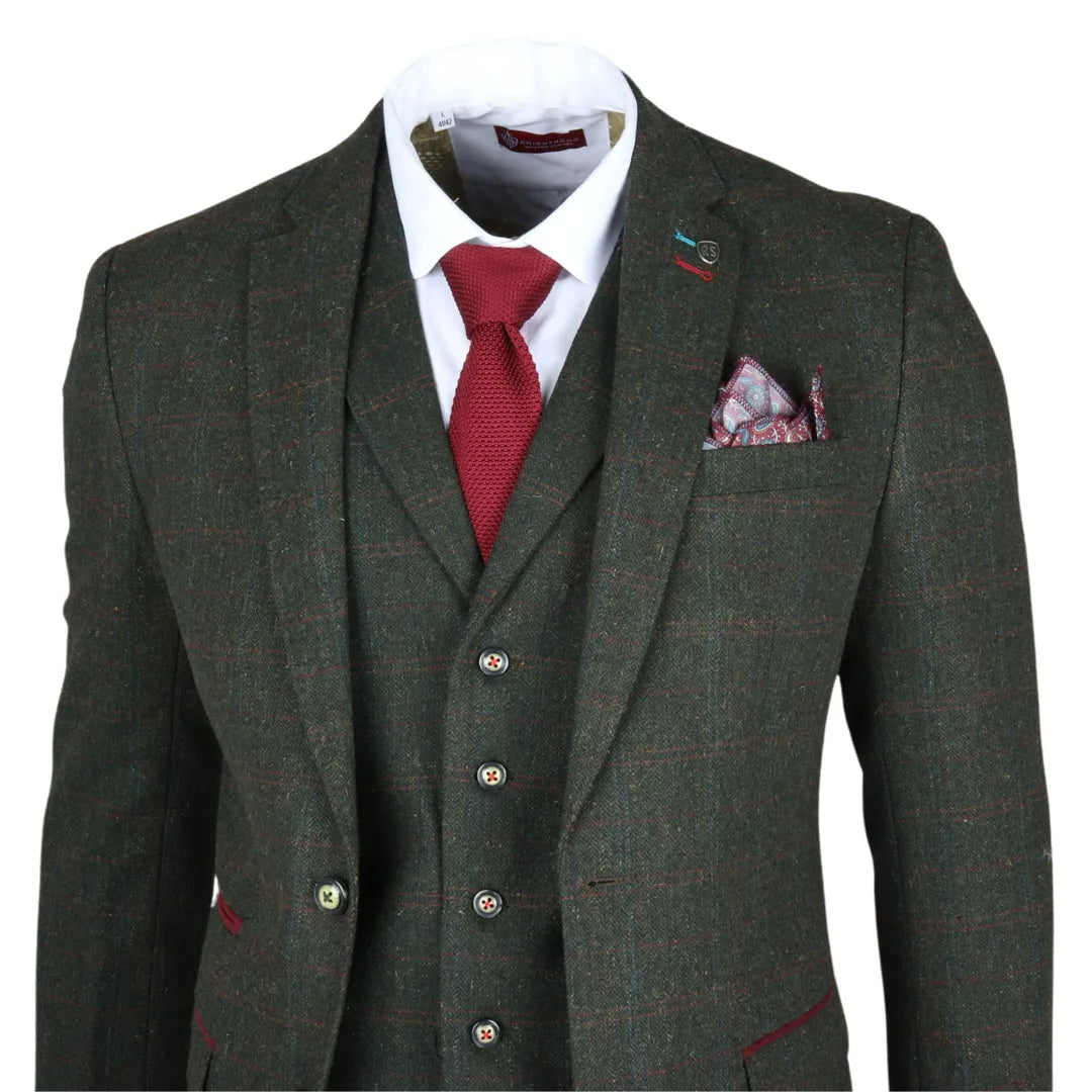 Traje de tres piezas de tweed verde de corte ajustado para hombre Joshua