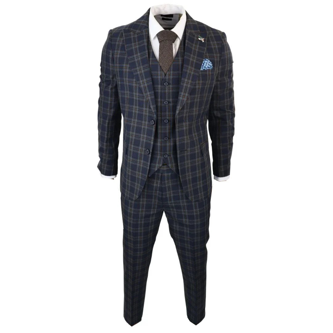 MT22Z0720 - Traje de tres piezas a cuadros azul marino para hombre
