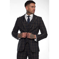 MT22Z0720 - Traje de tres piezas a cuadros azul marino para hombre