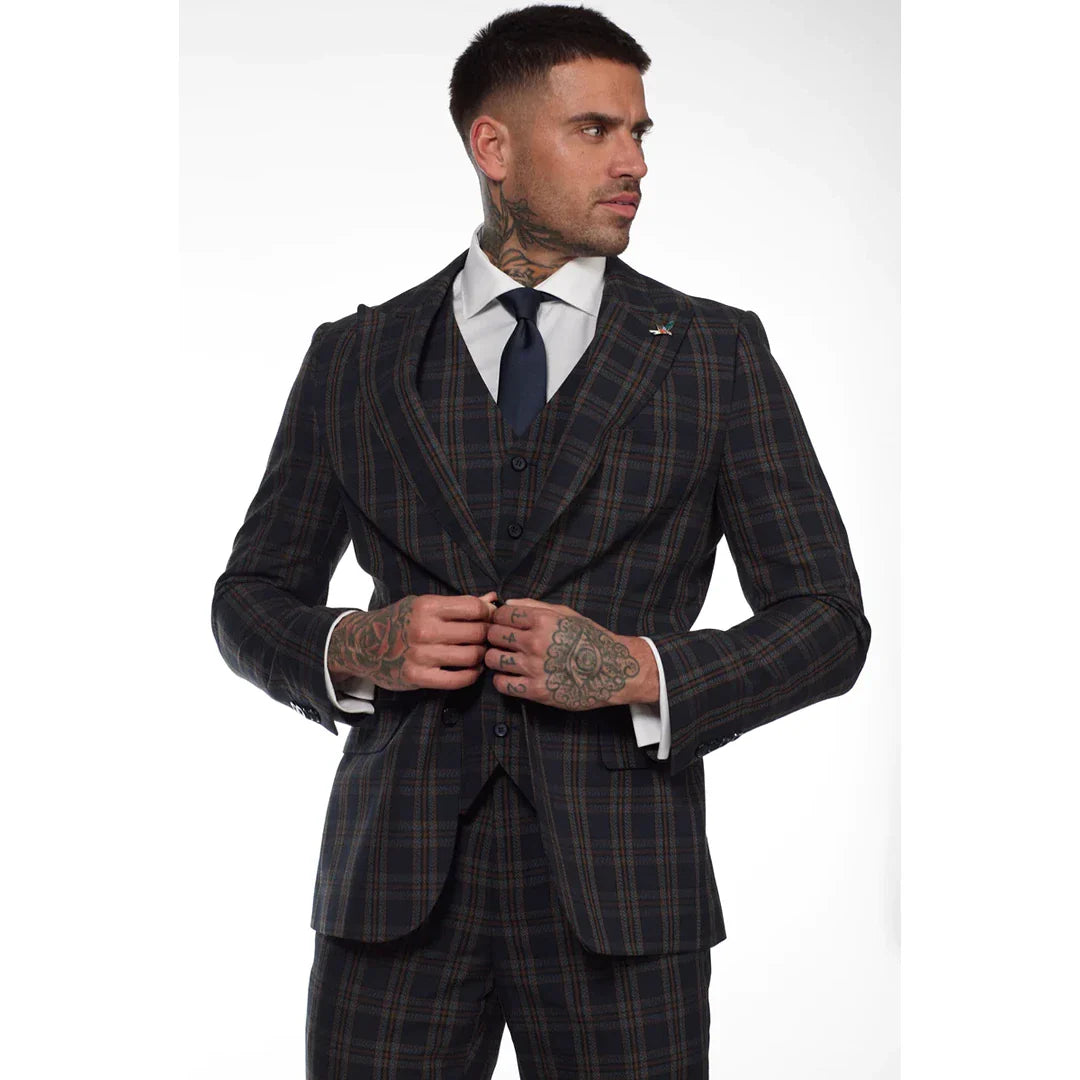 MT22Z0720 - Traje de tres piezas a cuadros azul marino para hombre