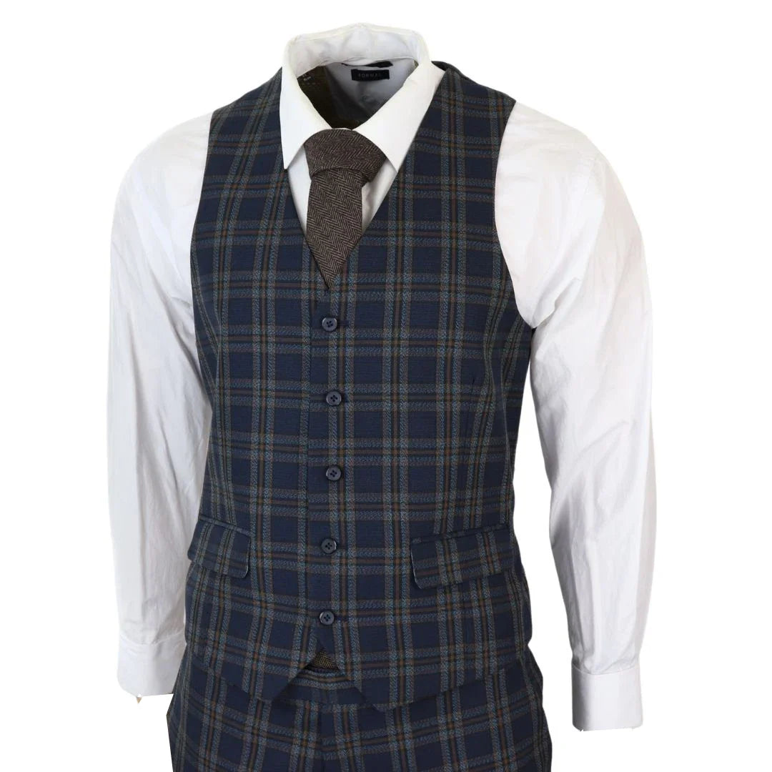 MT22Z0720 - Traje de tres piezas a cuadros azul marino para hombre