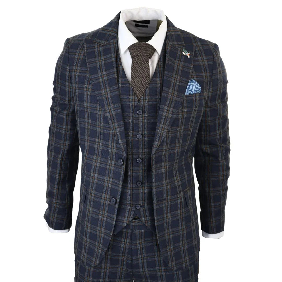 MT22Z0720 - Traje de tres piezas a cuadros azul marino para hombre