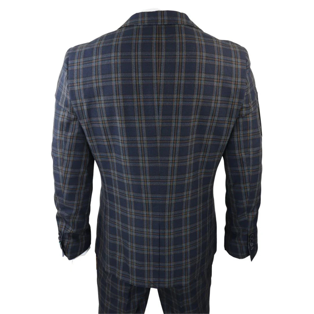 MT22Z0720 - Traje de tres piezas a cuadros azul marino para hombre