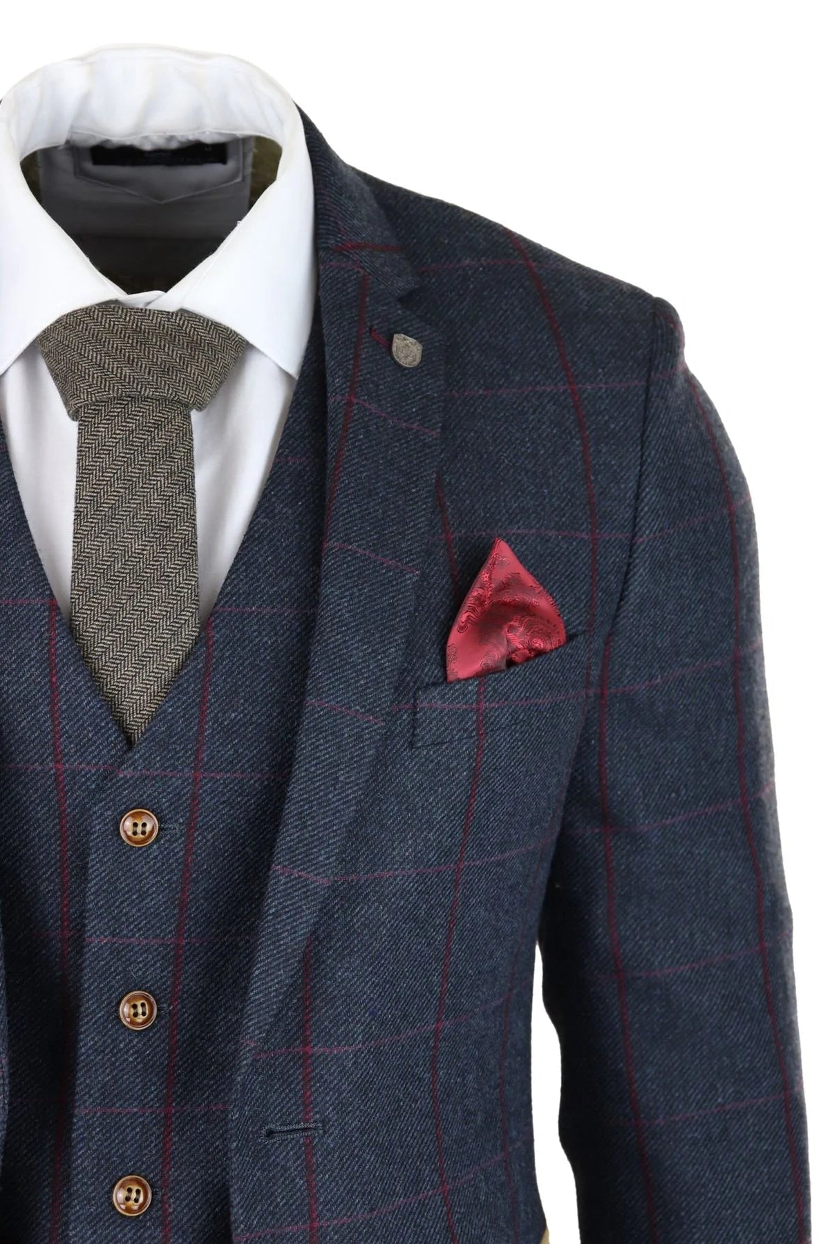 Traje de hombre de 3 piezas de tweed con estampado de espiga, azul marino y rojo, estilo vintage de los años 20, corte entallado.
