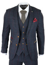 Traje de hombre de 3 piezas de tweed con estampado de espiga, azul marino y rojo, estilo vintage de los años 20, corte entallado.