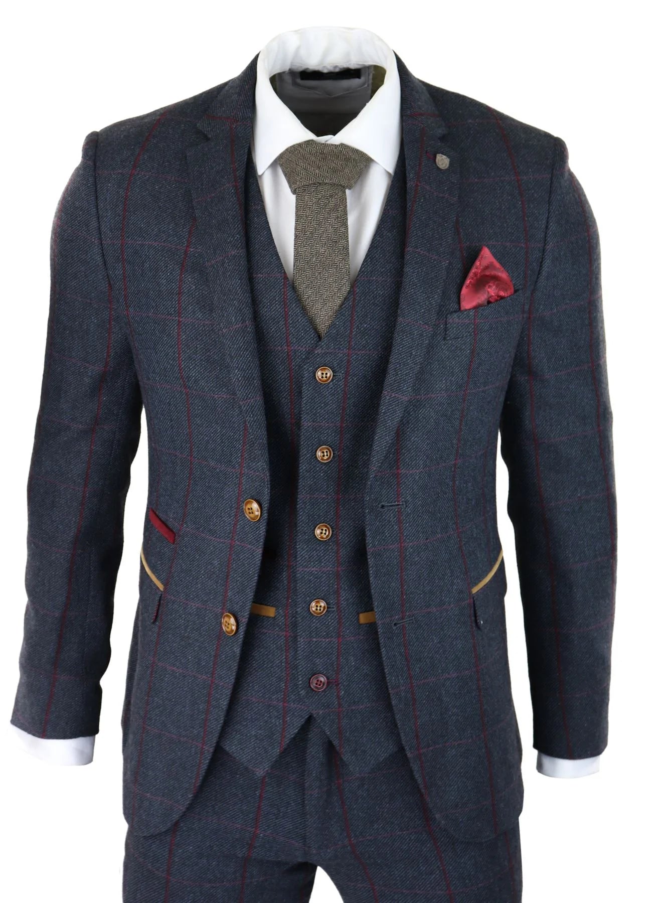 Traje de hombre de 3 piezas de tweed con estampado de espiga, azul marino y rojo, estilo vintage de los años 20, corte entallado.