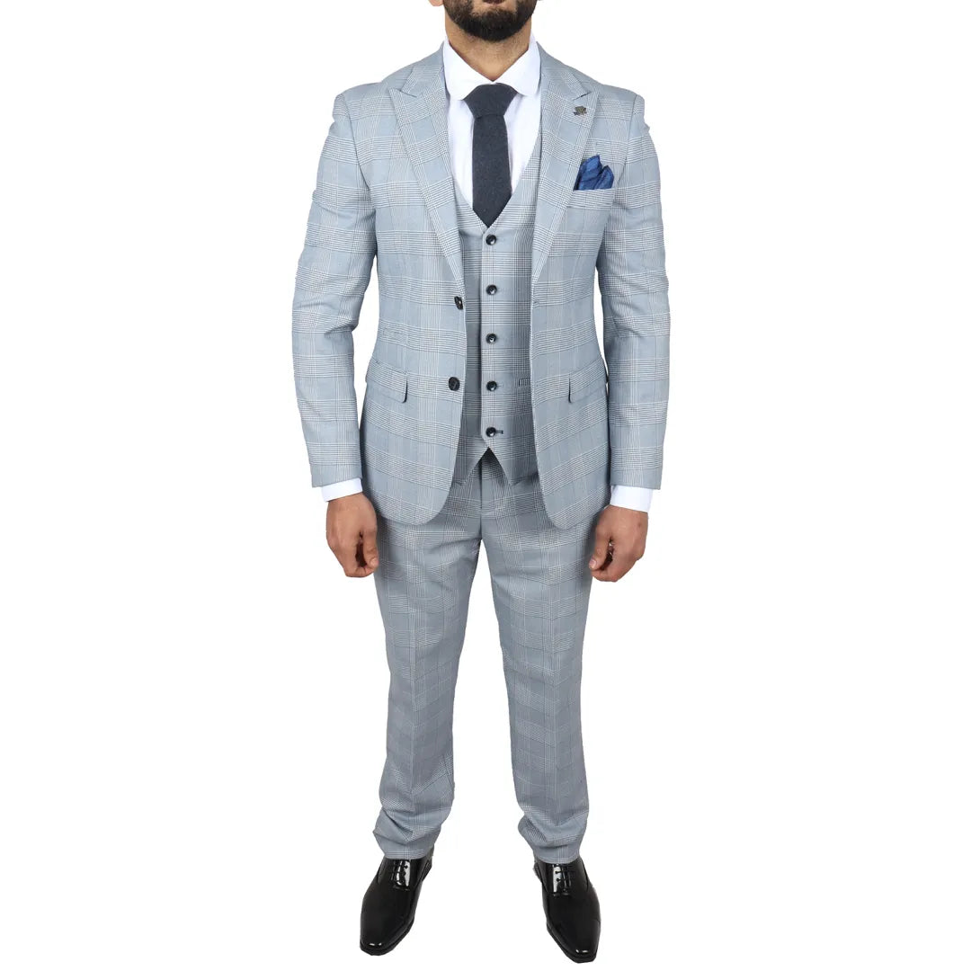 Traje de tres piezas de tweed a cuadros azul claro para hombre de Mark, corte entallado.