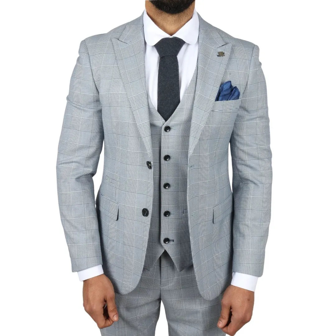Traje de tres piezas de tweed a cuadros azul claro para hombre de Mark, corte entallado.