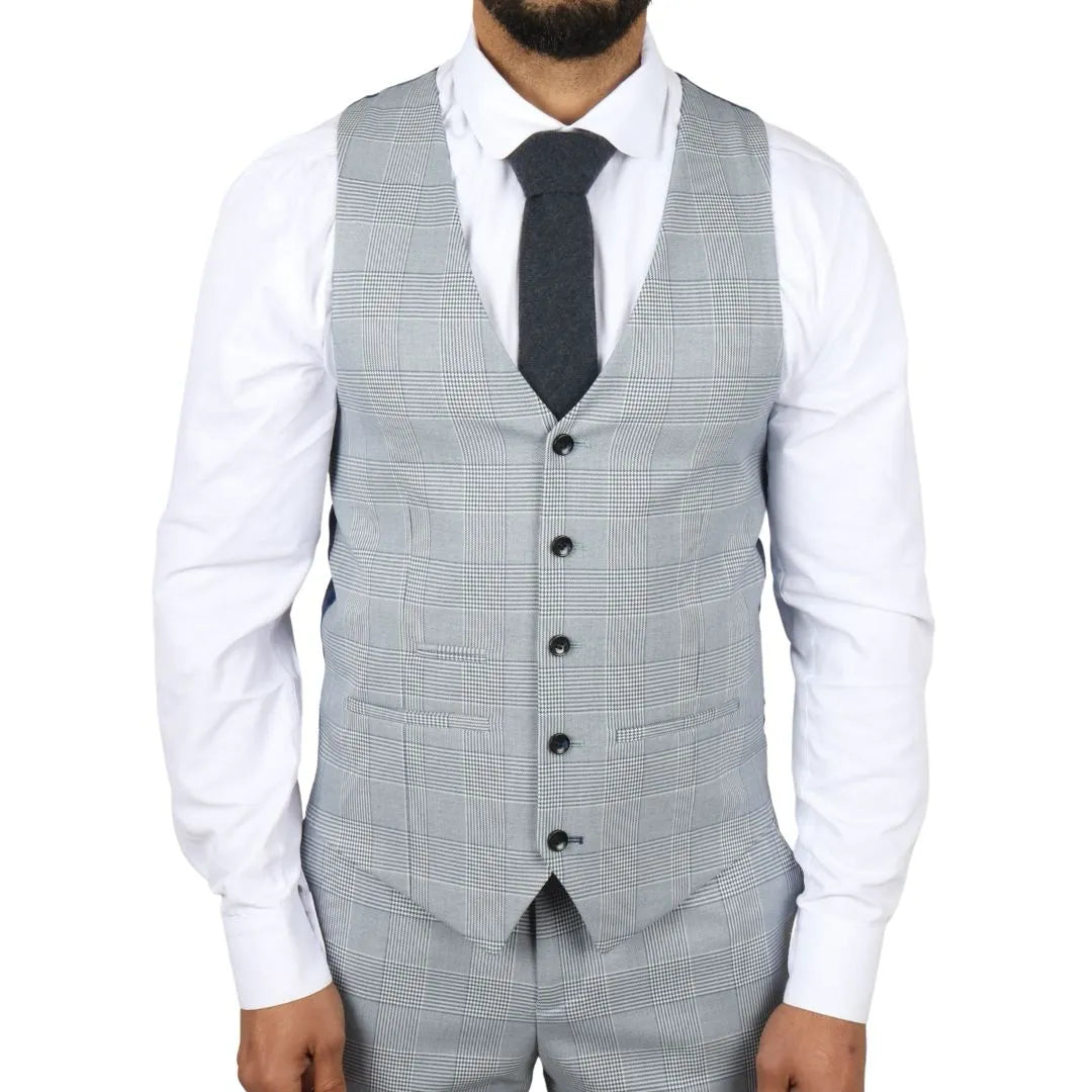 Traje de tres piezas de tweed a cuadros azul claro para hombre de Mark, corte entallado.