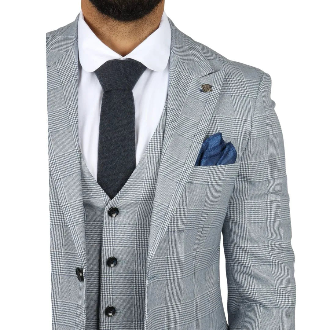 Traje de tres piezas de tweed a cuadros azul claro para hombre de Mark, corte entallado.