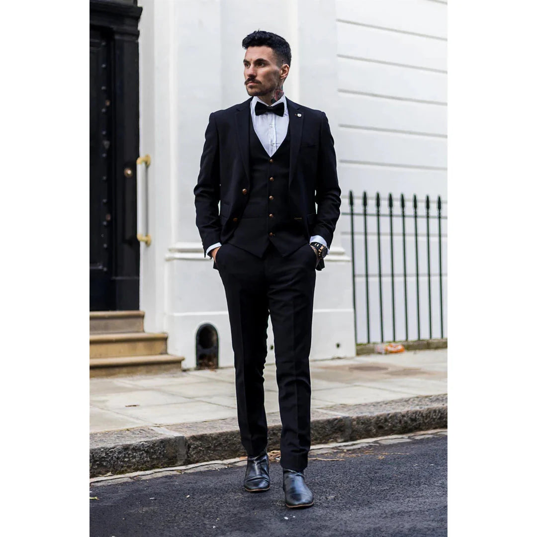 Mayfair - Traje de hombre de 3 piezas negro con chaleco color crema