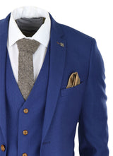 Traje de hombre azul real de 3 piezas con ribete marrón, clásico, ojo de perdiz, vintage, para bodas y novios.