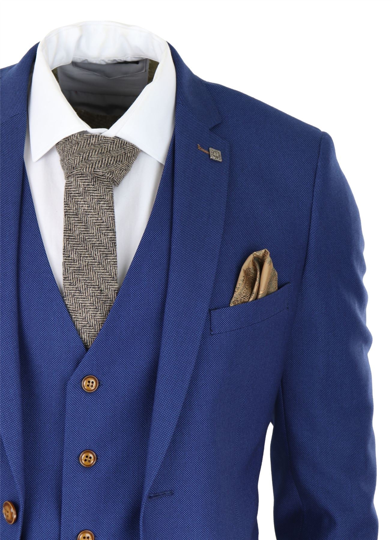 Traje de hombre azul real de 3 piezas con ribete marrón, clásico, ojo de perdiz, vintage, para bodas y novios.
