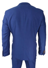 Traje de hombre azul real de 3 piezas con ribete marrón, clásico, ojo de perdiz, vintage, para bodas y novios.