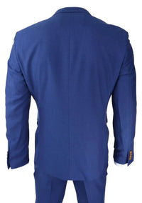 Traje de hombre azul real de 3 piezas con ribete marrón, clásico, ojo de perdiz, vintage, para bodas y novios.