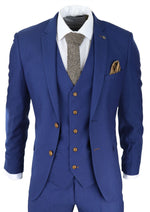 Traje de hombre azul real de 3 piezas con ribete marrón, clásico, ojo de perdiz, vintage, para bodas y novios.