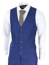 Traje de hombre azul real de 3 piezas con ribete marrón, clásico, ojo de perdiz, vintage, para bodas y novios.