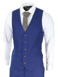 Traje de hombre azul real de 3 piezas con ribete marrón, clásico, ojo de perdiz, vintage, para bodas y novios.