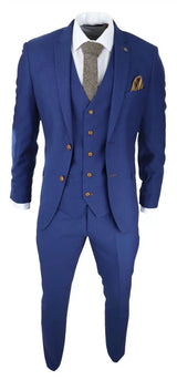 Traje de hombre azul real de 3 piezas con ribete marrón, clásico, ojo de perdiz, vintage, para bodas y novios.