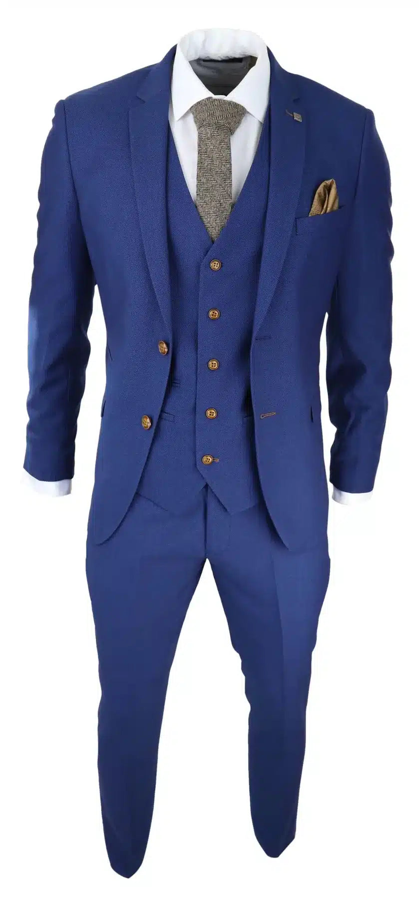 Traje de hombre azul real de 3 piezas con ribete marrón, clásico, ojo de perdiz, vintage, para bodas y novios.