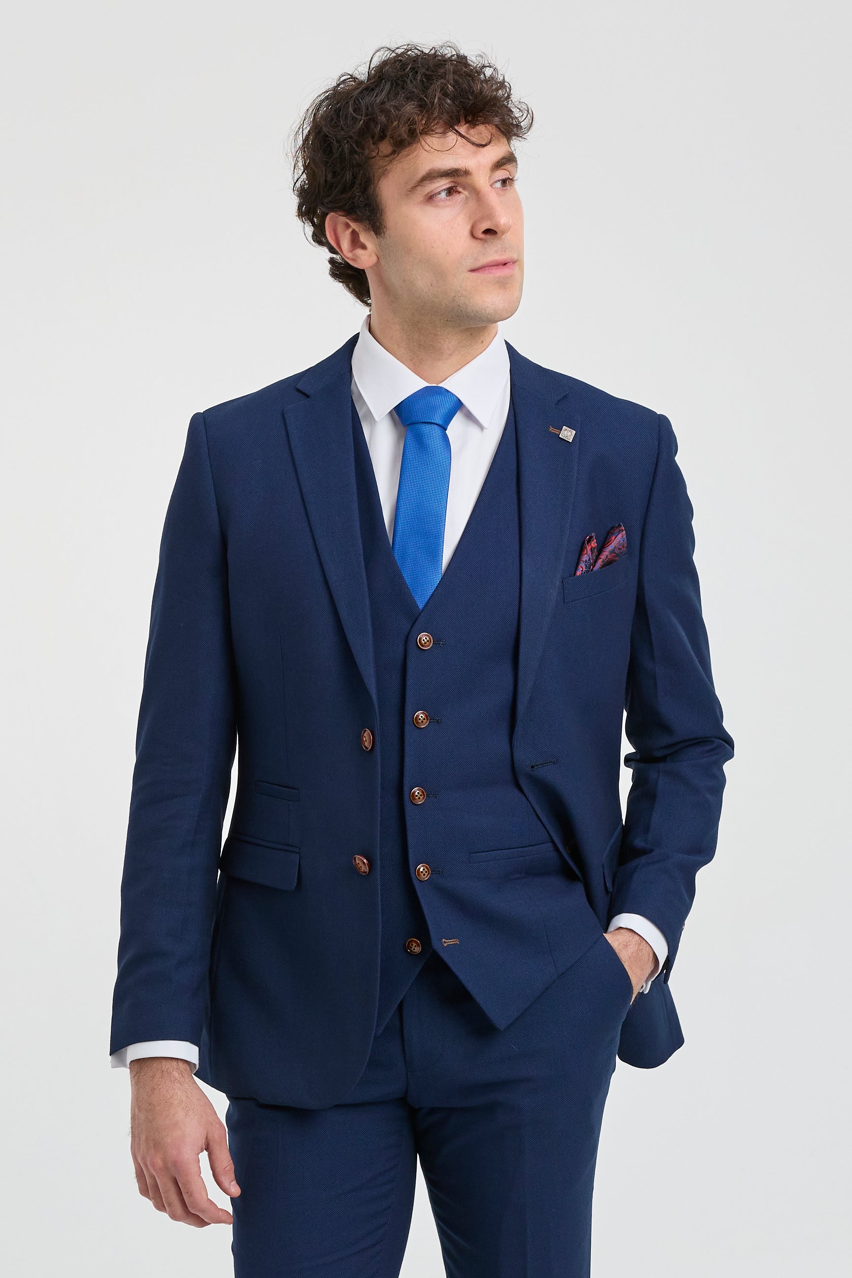 Traje de hombre azul marino de 3 piezas con ribete marrón, clásico, ojo de perdiz, vintage, para bodas y novios.