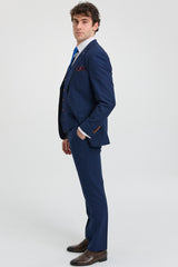 Traje de hombre azul marino de 3 piezas con ribete marrón, clásico, ojo de perdiz, vintage, para bodas y novios.